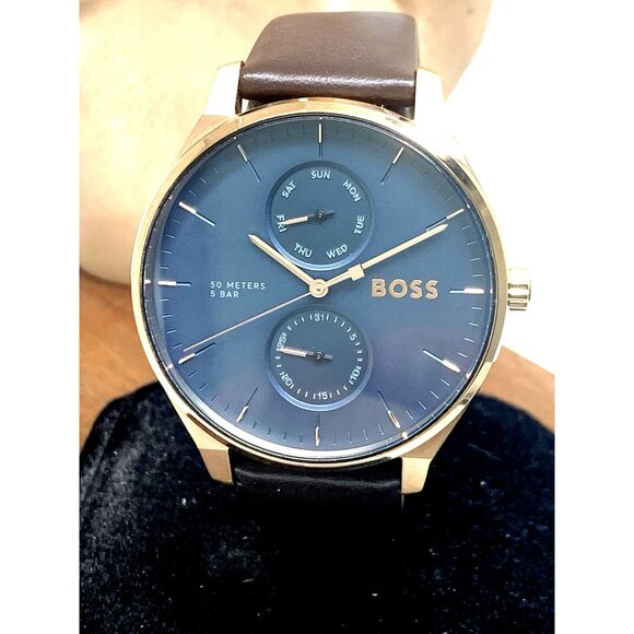 Hugo Boss Mens Watch 1514103 Tyler Quartz Rose Gold Blue Dial Brown Leather 43mm - Picture 1 of 13